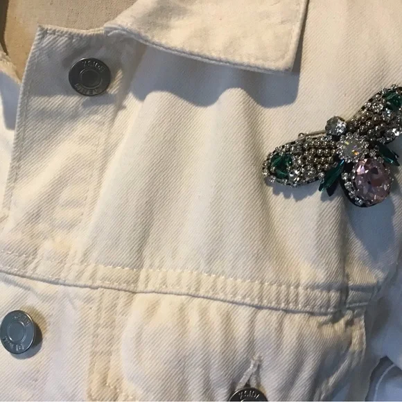 White Jean Jacket with Bees Butterfly Embellishments - Picture 2 of 6